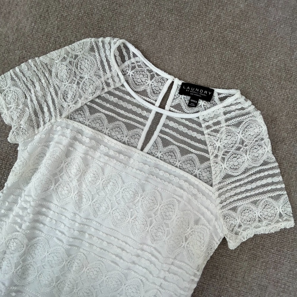 Laundry By Shelli Segal Blouse Top Womens S White Lined Lace Detail Keyhole Back